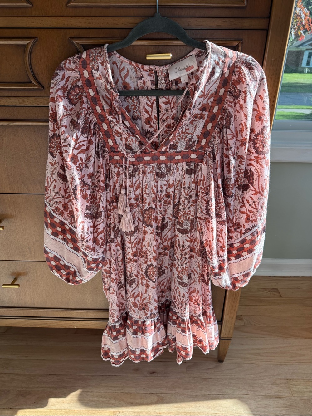 Cleobella Pink & Rust Floral Boho Dress with Tassel Tie